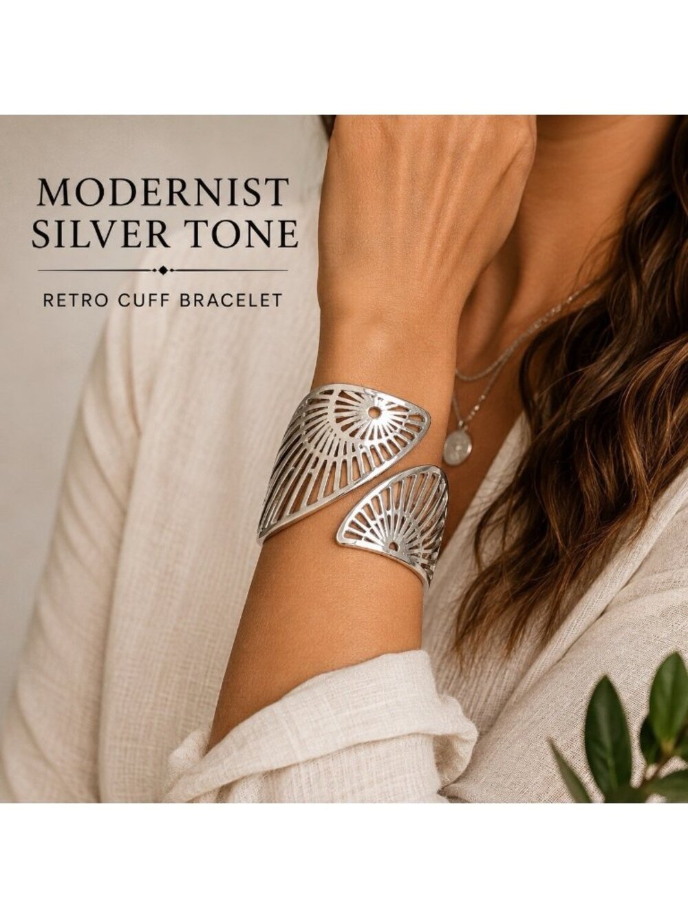 Silver Tone Hinged Cuff Bracelet Sunburst Cutout Modernist Statement Art Deco